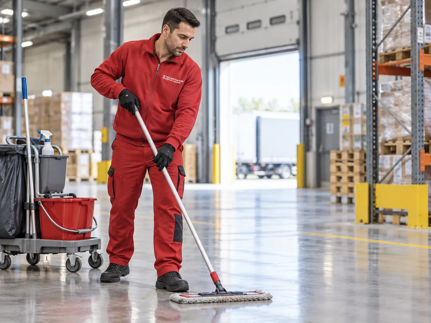 Trabajador de limpieza fregando el suelo de una nave industrial