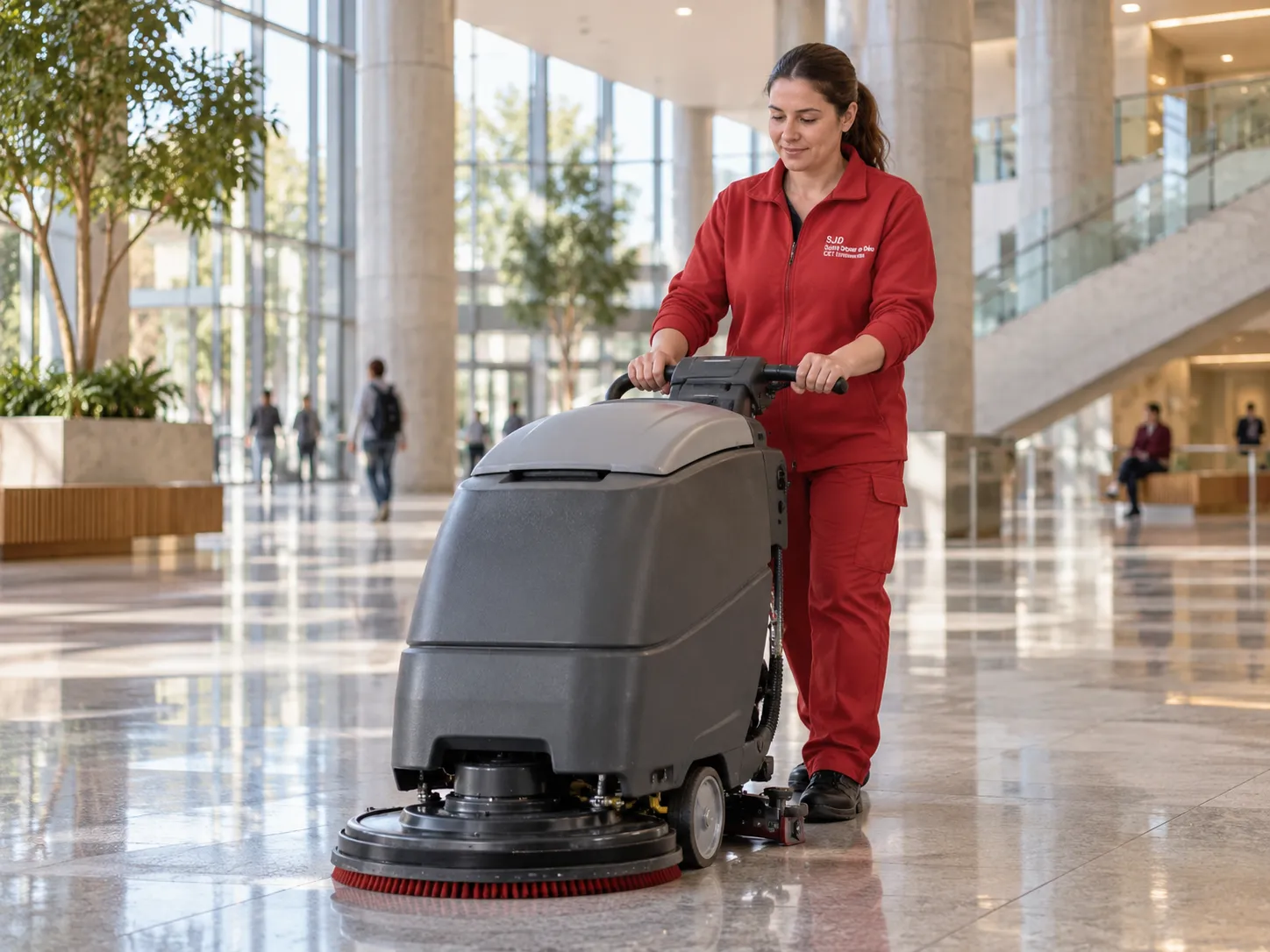 Trabajadora de limpieza con una fregadora automática en el vestíbulo de un edificio público