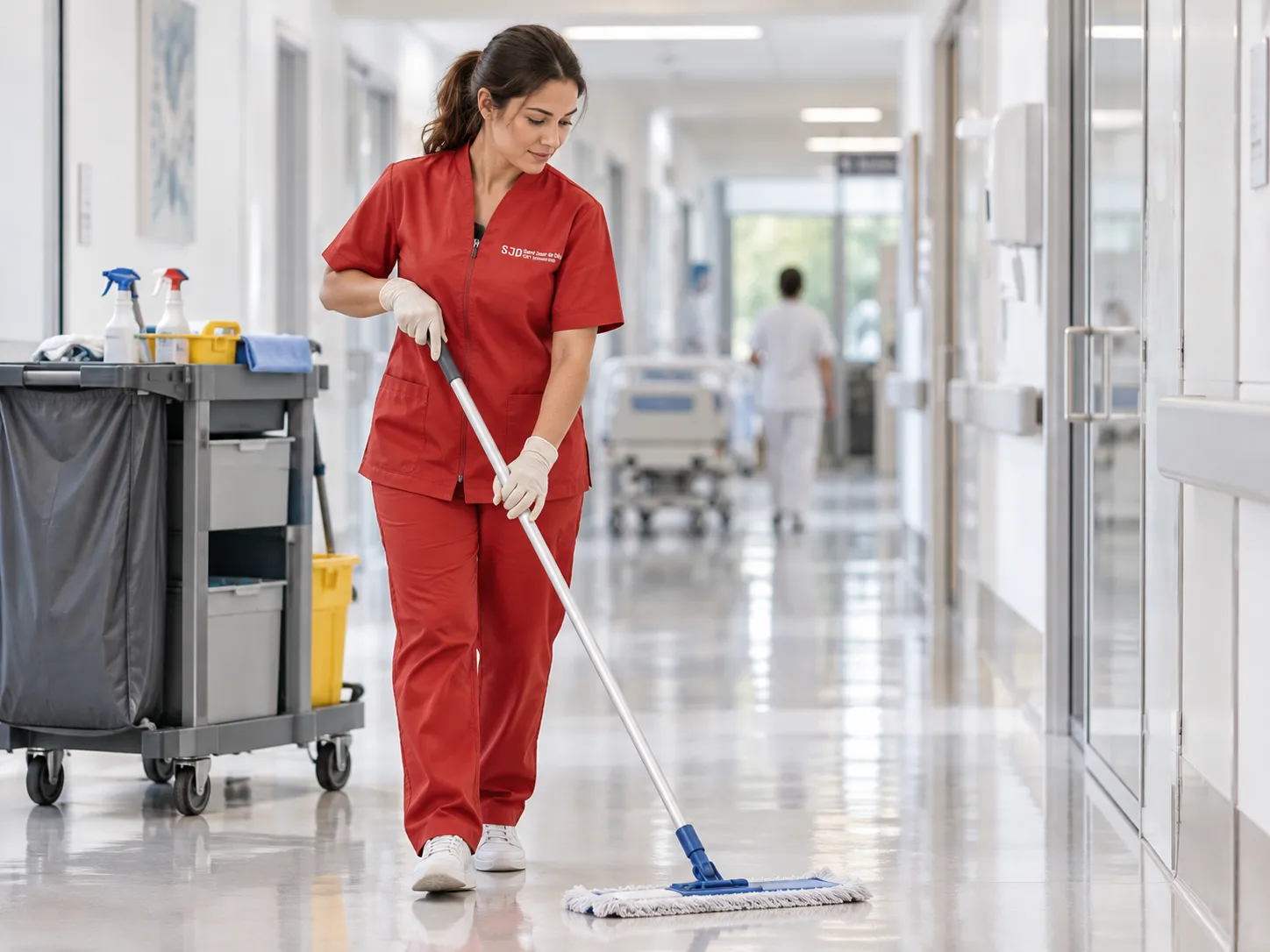 Trabajadora de limpieza con uniforme rojo fregando el pasillo de un hospital