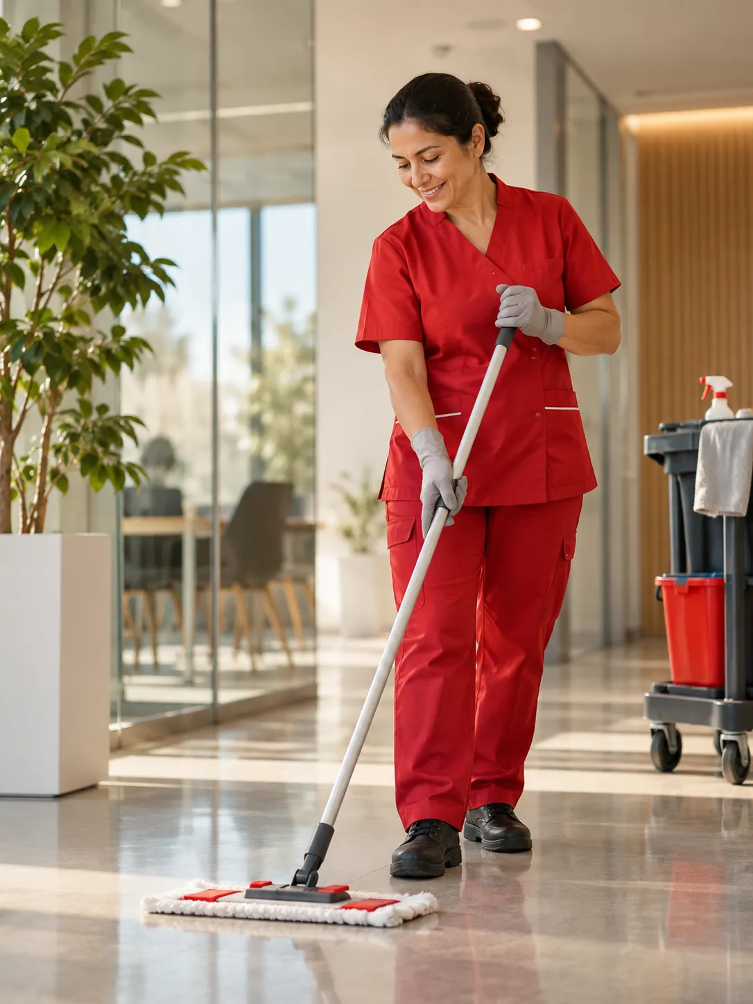 Trabajadora de limpieza con uniforme rojo fregando el vestíbulo de un edificio de oficinas