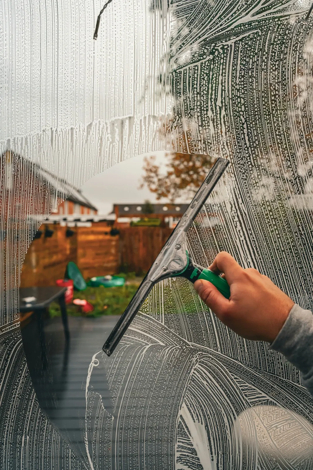 Mano limpiando un cristal enjabonado con una rasqueta