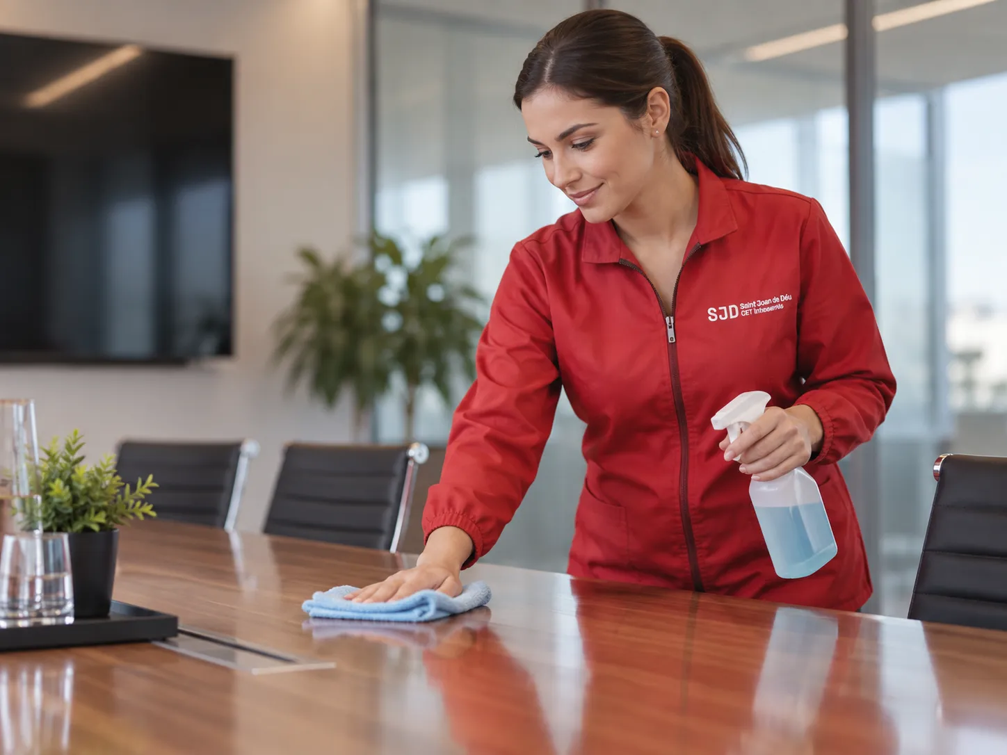 Trabajadora de limpieza con chaqueta roja limpiando la mesa de una sala de reuniones